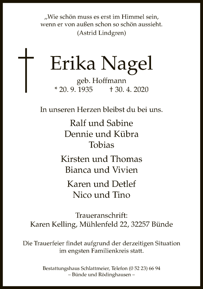  Traueranzeige für Erika Nagel vom 04.05.2020 aus Neue Westfälische
