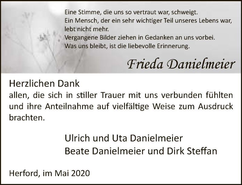 Traueranzeige für Frieda Danielmeier vom 01.05.2020 aus Neue Westfälische