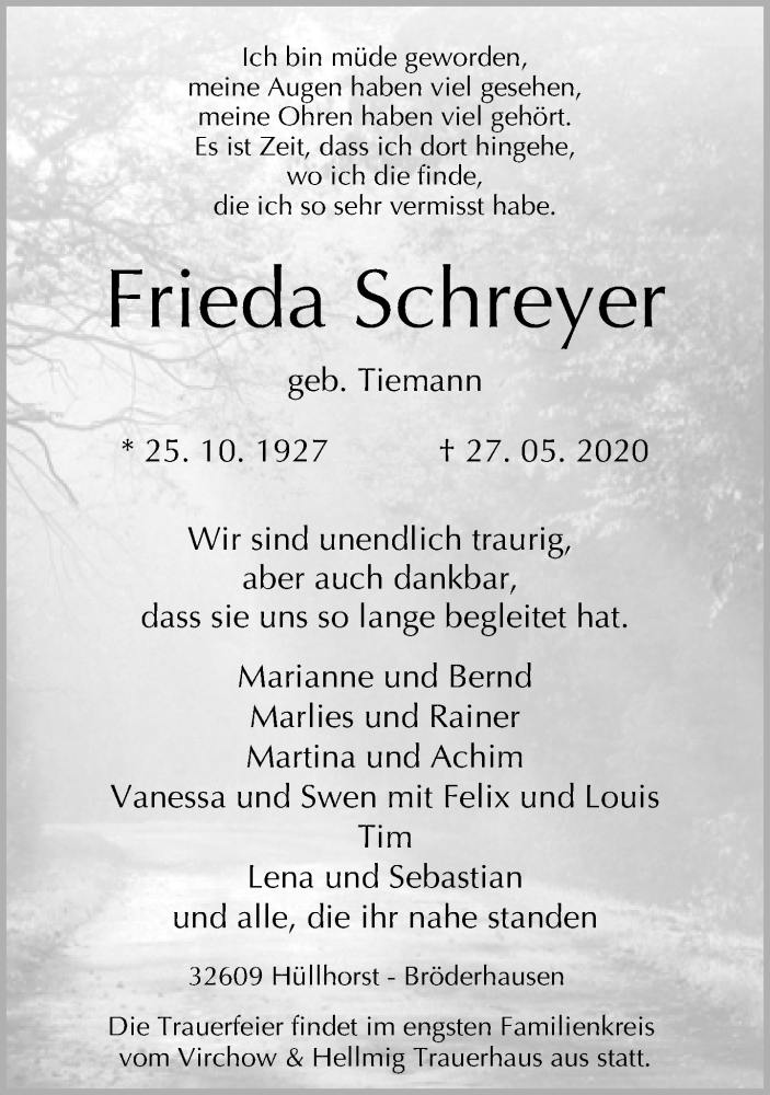  Traueranzeige für Frieda Schreyer vom 30.05.2020 aus Neue Westfälische
