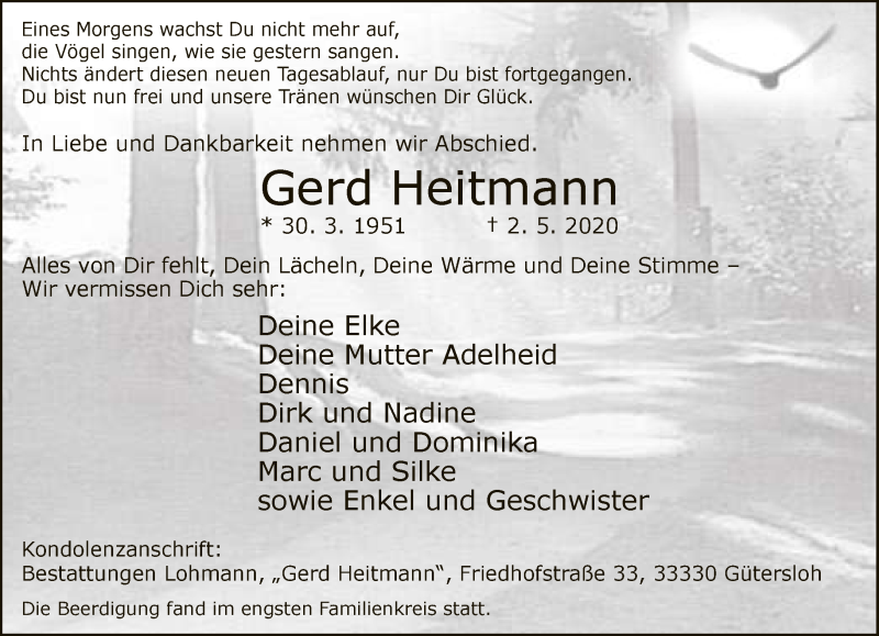  Traueranzeige für Gerd Heitmann vom 08.05.2020 aus Neue Westfälische