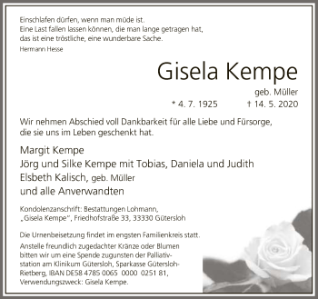 Traueranzeige von Gisela Kempe von Neue Westfälische