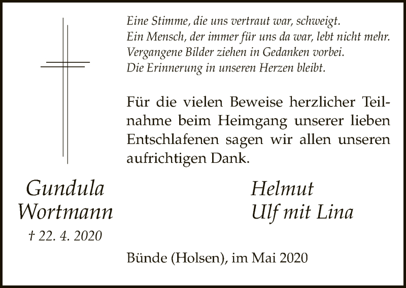  Traueranzeige für Gundula Wortmann vom 30.05.2020 aus Neue Westfälische