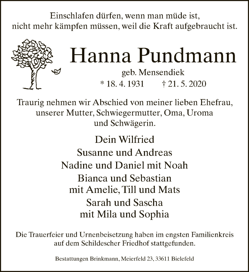  Traueranzeige für Hanna Pundmann vom 30.05.2020 aus Neue Westfälische