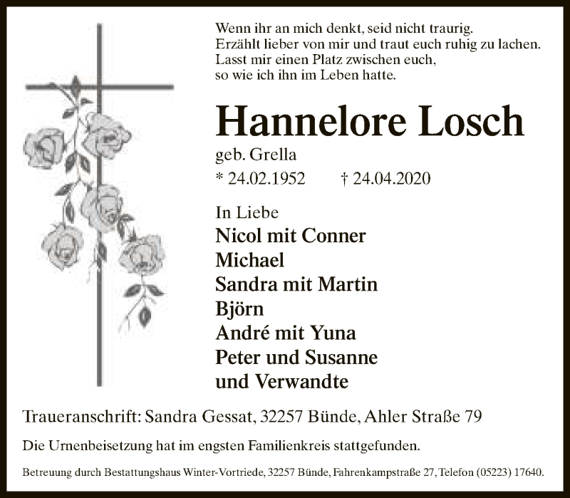  Traueranzeige für Hannelore Losch vom 13.05.2020 aus Neue Westfälische