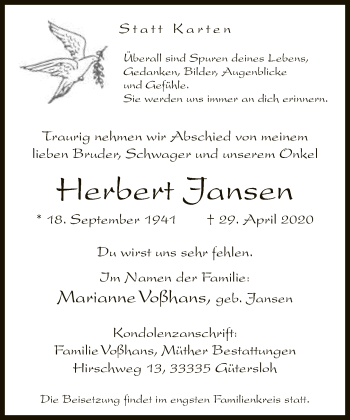 Traueranzeige von Herbert Jansen von Neue Westfälische