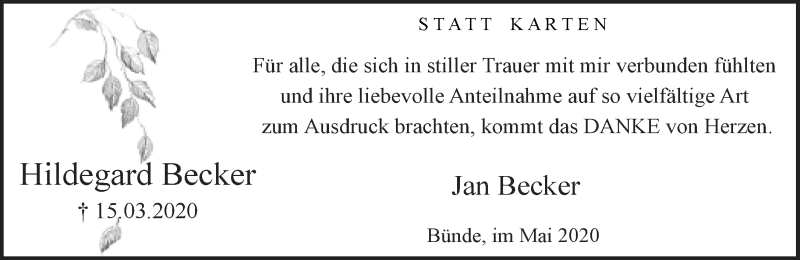  Traueranzeige für Hildegard Becker vom 01.05.2020 aus Neue Westfälische