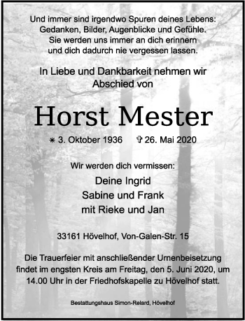 Traueranzeige von Horst Mester von Neue Westfälische