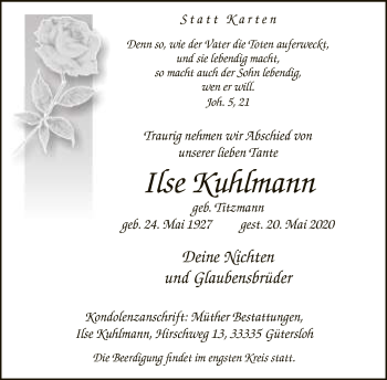 Traueranzeige von Ilse Kuhlmann von Neue Westfälische