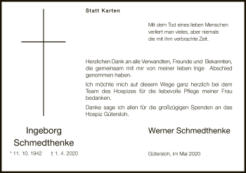 Traueranzeige von Ingeborg Schmedthenke von Neue Westfälische