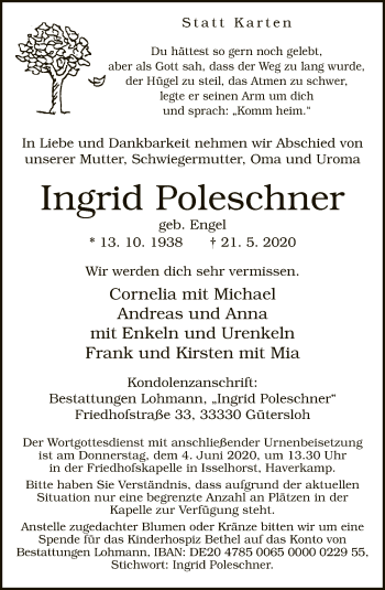 Traueranzeige von Ingrid Poleschner von Neue Westfälische