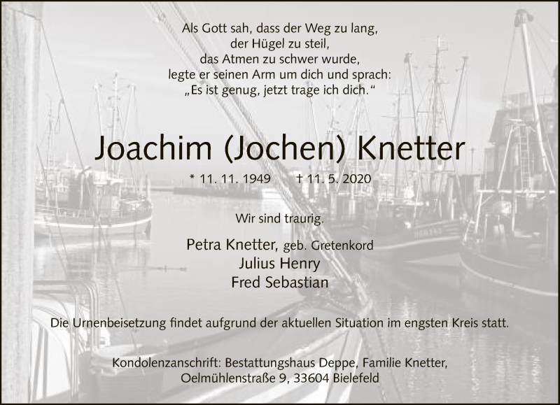  Traueranzeige für Joachim Knetter vom 16.05.2020 aus Neue Westfälische