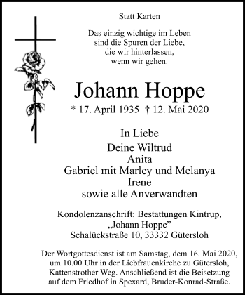 Traueranzeige von Johann Hoppe von Neue Westfälische
