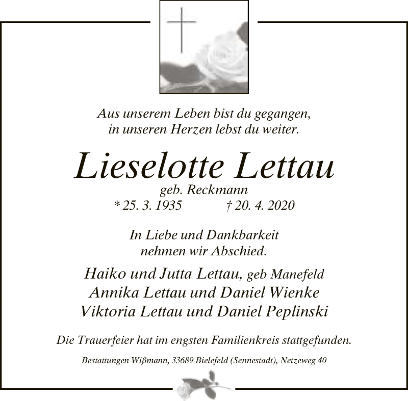  Traueranzeige für Lieselotte Lettau vom 01.05.2020 aus Neue Westfälische
