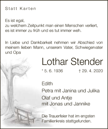 Traueranzeige von Lothar Stender von Neue Westfälische