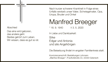 Traueranzeige von Manfred Breeger von Neue Westfälische
