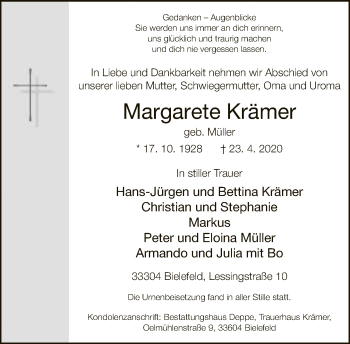 Traueranzeige von Margarete Krämer von Neue Westfälische
