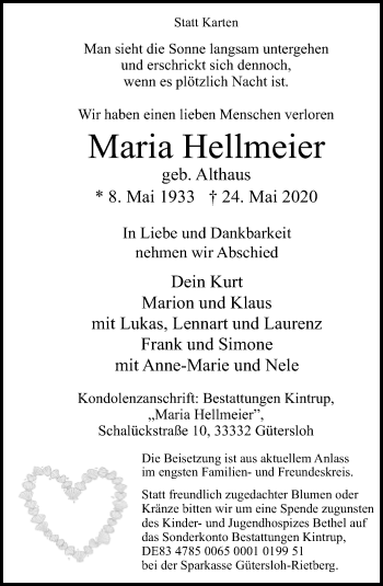 Traueranzeige von Maria Hellmeier von Neue Westfälische