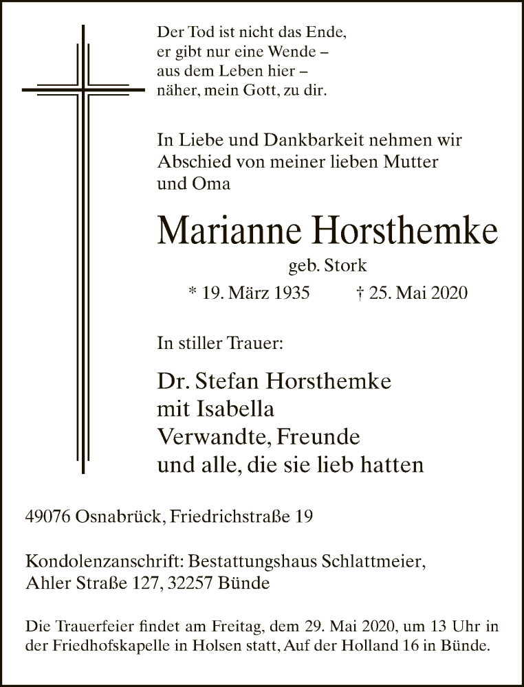  Traueranzeige für Marianne Horsthemke vom 27.05.2020 aus Neue Westfälische
