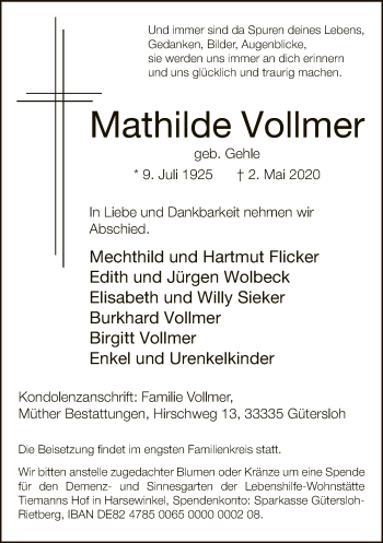 Traueranzeige von Mathilde Vollmer von Neue Westfälische