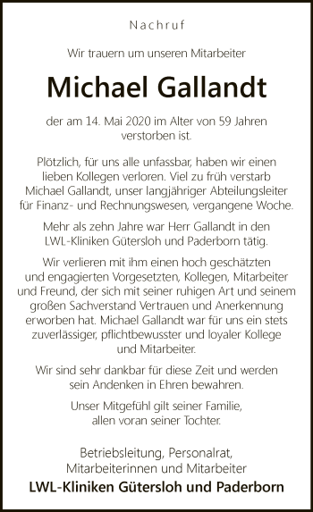 Traueranzeige von Michael Gallandt von Neue Westfälische