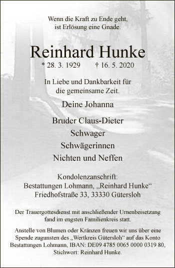 Traueranzeige von Reinhard Hunke von Neue Westfälische