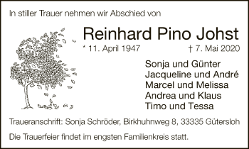 Traueranzeige von Reinhard Pino Johst von Neue Westfälische
