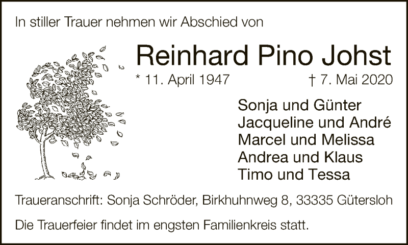  Traueranzeige für Reinhard Pino Johst vom 13.05.2020 aus Neue Westfälische