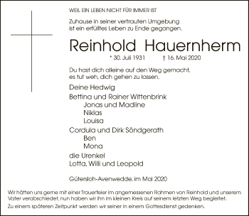 Traueranzeige von Reinhold Hauernherm von Neue Westfälische
