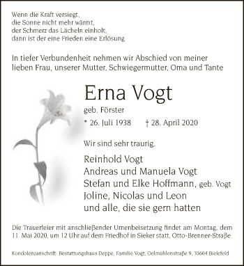 Traueranzeige von Reinhold Vogt von Neue Westfälische