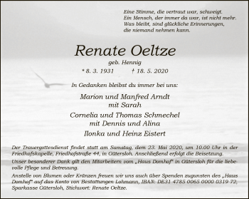 Traueranzeige von Renate Oeltze von Neue Westfälische