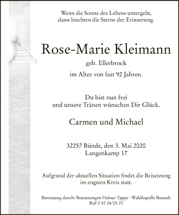 Traueranzeige von Rose-Marie Kleimann von Neue Westfälische