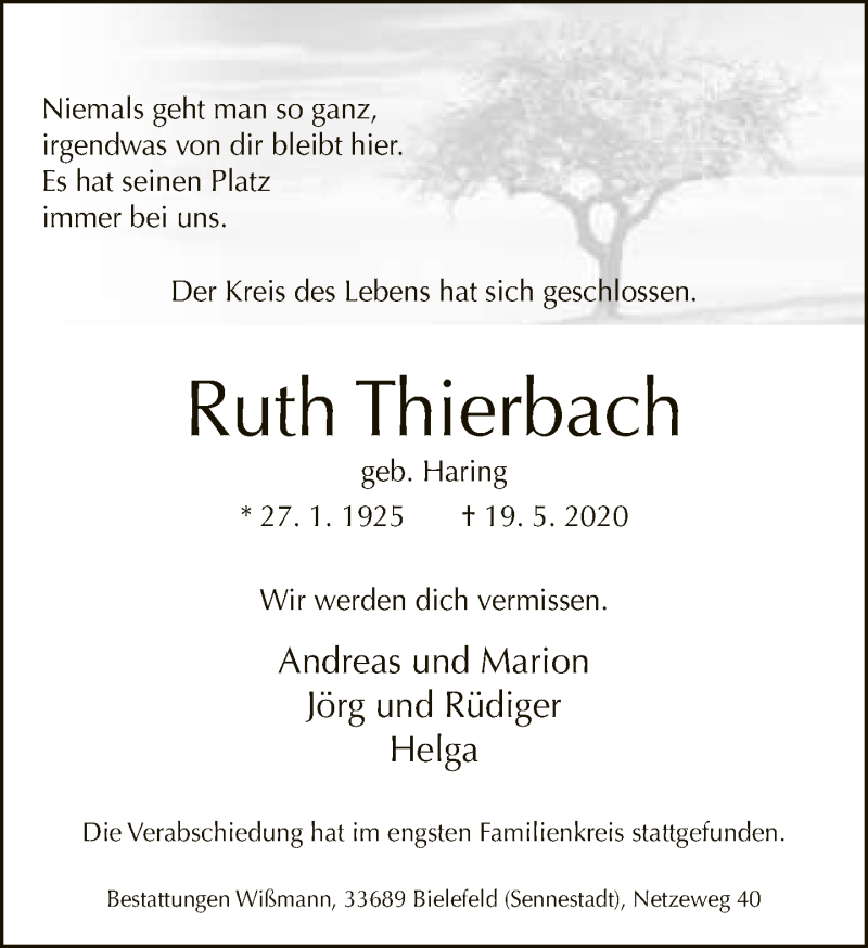  Traueranzeige für Ruth Thierbach vom 23.05.2020 aus Neue Westfälische