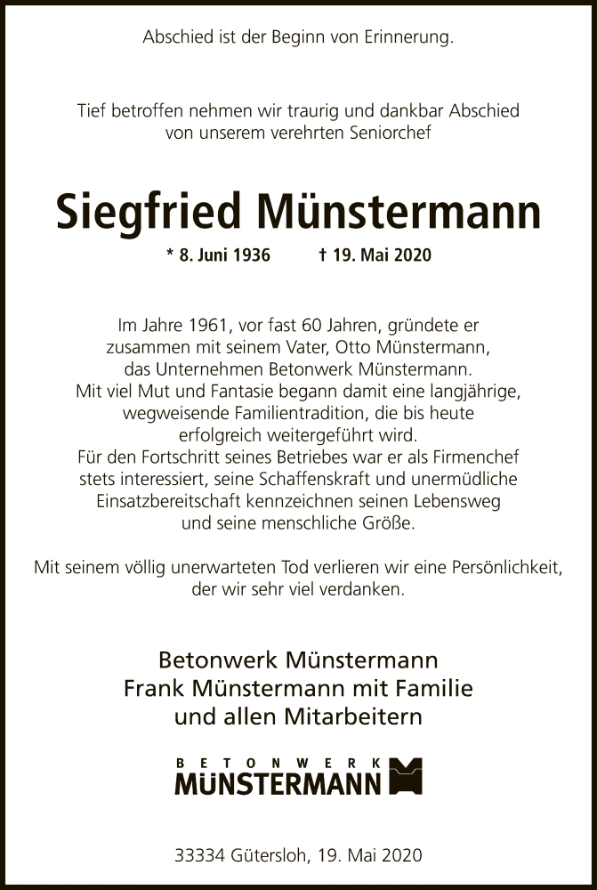  Traueranzeige für Siegfried Münstermann vom 23.05.2020 aus Neue Westfälische