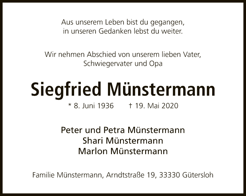  Traueranzeige für Siegfried Münstermann vom 23.05.2020 aus Neue Westfälische