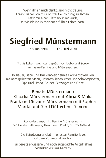 Traueranzeige von Siegfried Münstermann von Neue Westfälische