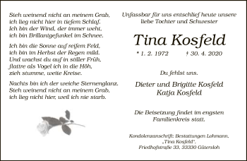 Traueranzeige von Tina Kosfeld von Neue Westfälische