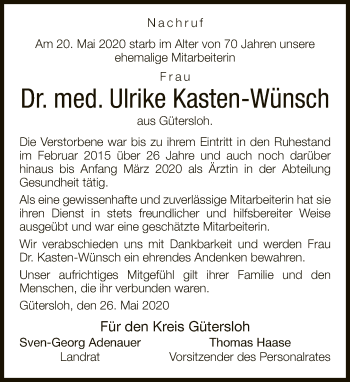 Traueranzeige von Ulrike Kasten-Wünsch von Neue Westfälische