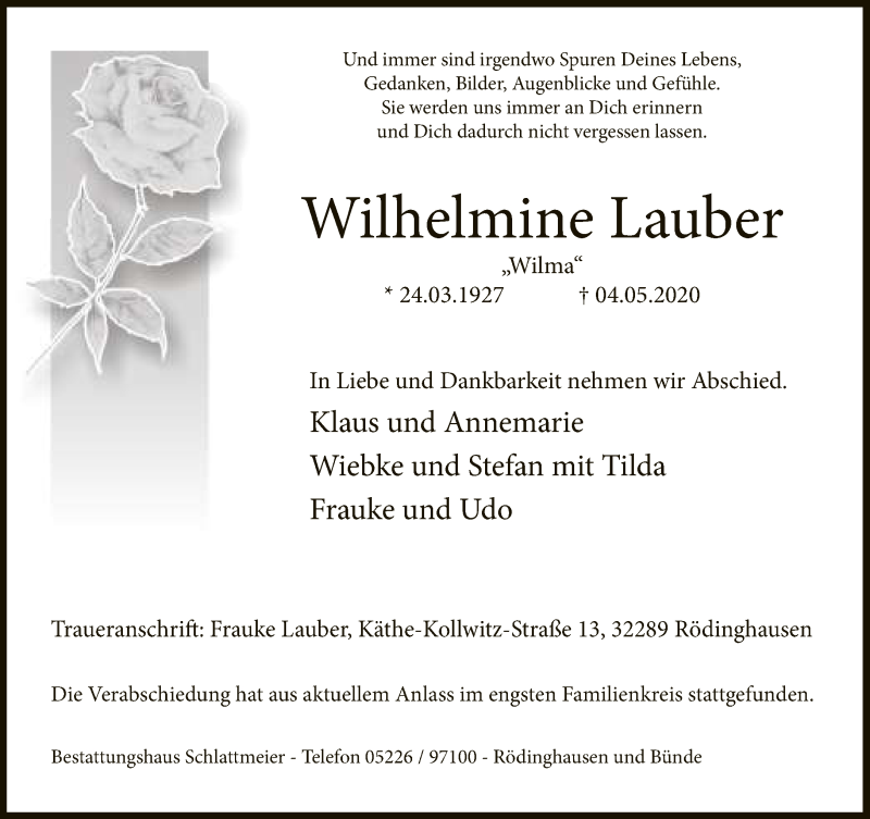  Traueranzeige für Wilhelmine Lauber vom 11.05.2020 aus Neue Westfälische