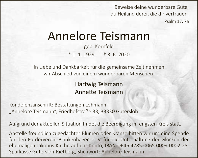  Traueranzeige für Annelore Teismann vom 06.06.2020 aus Neue Westfälische
