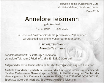 Traueranzeige von Annelore Teismann von Neue Westfälische