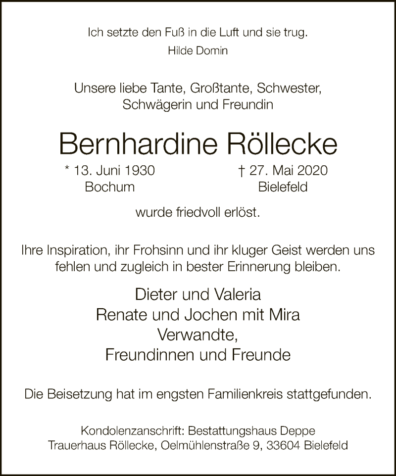  Traueranzeige für Bernhardine Röllecke vom 20.06.2020 aus Neue Westfälische