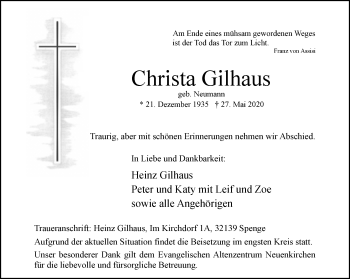 Traueranzeige von Christa Gilhaus von Neue Westfälische