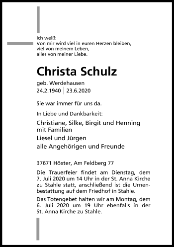 Traueranzeige von Christa Schulz von Neue Westfälische