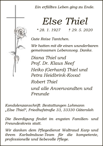 Traueranzeige von Else Thiel von Neue Westfälische