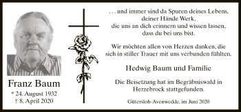 Traueranzeige von Franz Baum von Neue Westfälische