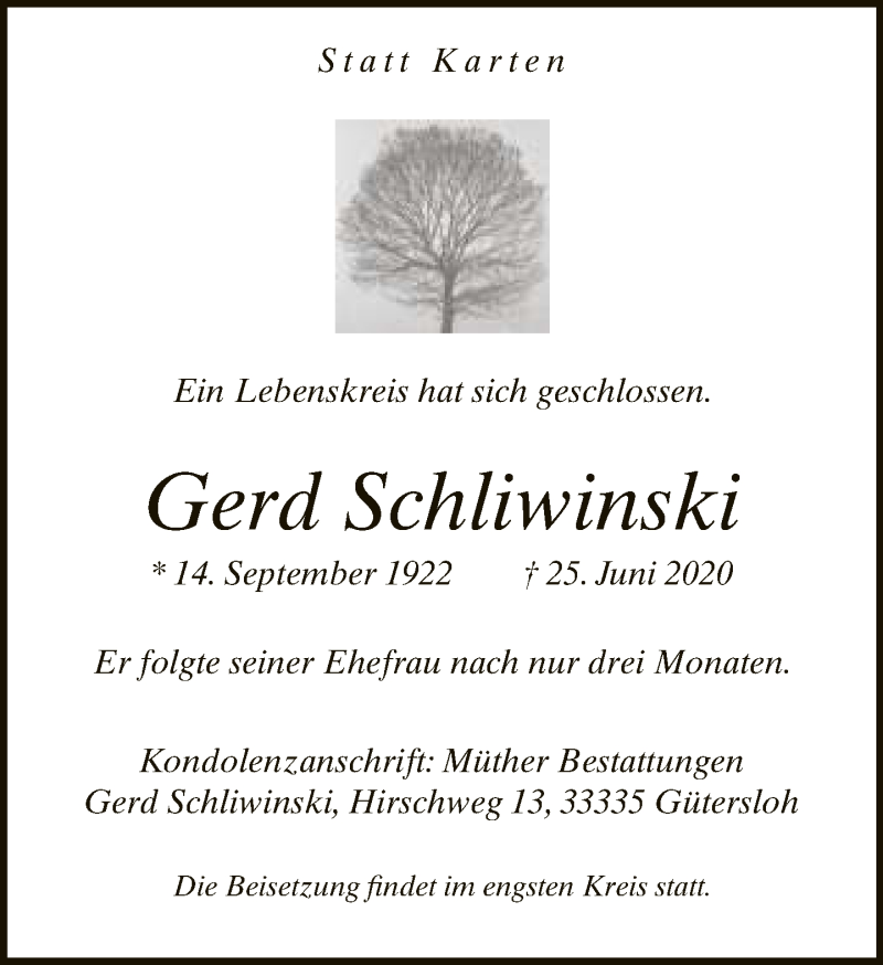  Traueranzeige für Gerd Schliwinski vom 27.06.2020 aus Neue Westfälische