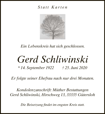 Traueranzeige von Gerd Schliwinski von Neue Westfälische