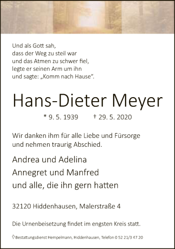 Traueranzeige von Hans-Dieter Meyer von Neue Westfälische