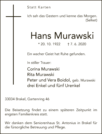 Traueranzeige von Hans Murawski von Neue Westfälische