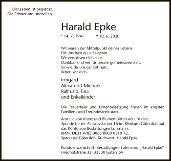 Traueranzeige von Harald Epke von Neue Westfälische